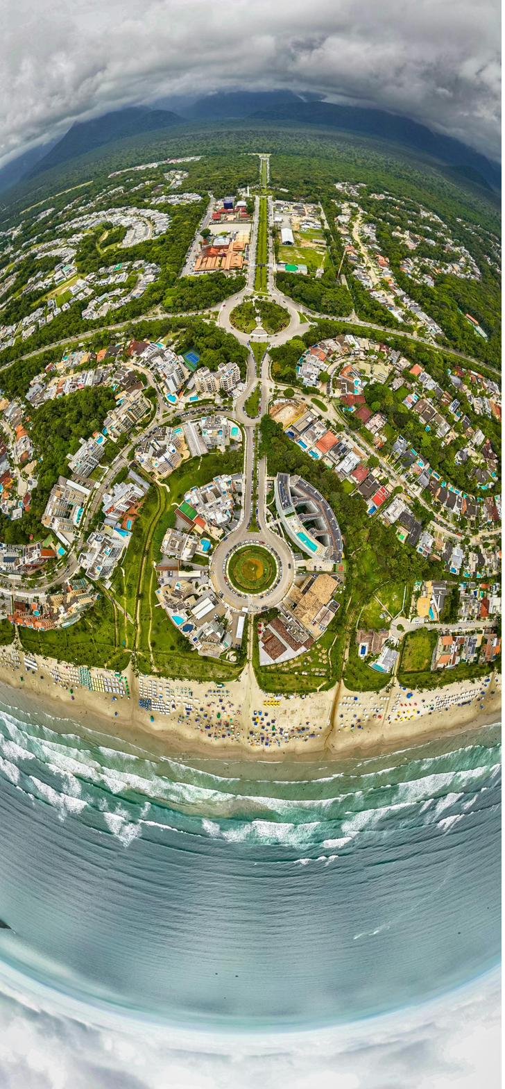Aerial 360 degree panorama of coastal city from drone height — AerialPhotoIndia virtual tour photography