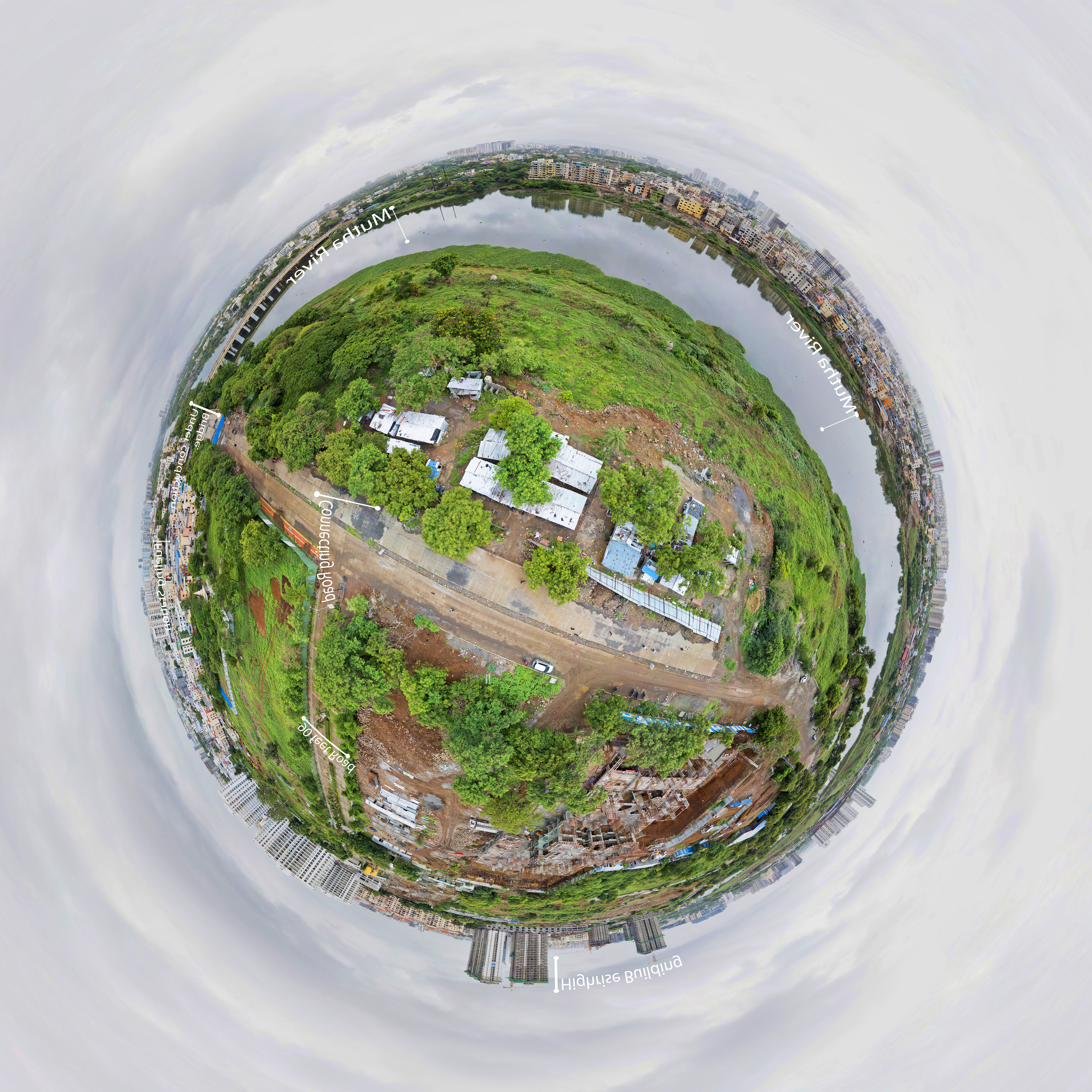 Aerial 360 degree little planet panorama showing real estate development site — AerialPhotoIndia virtual tours Pune