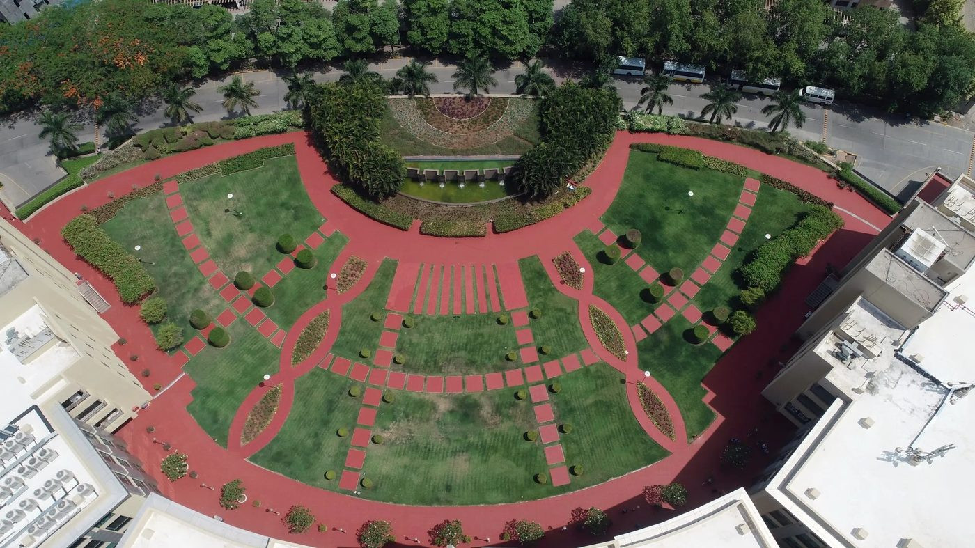 IT and institutional campus aerial drone photography Pune — wide bird's eye view of complete campus complex, AerialPhotoIndia